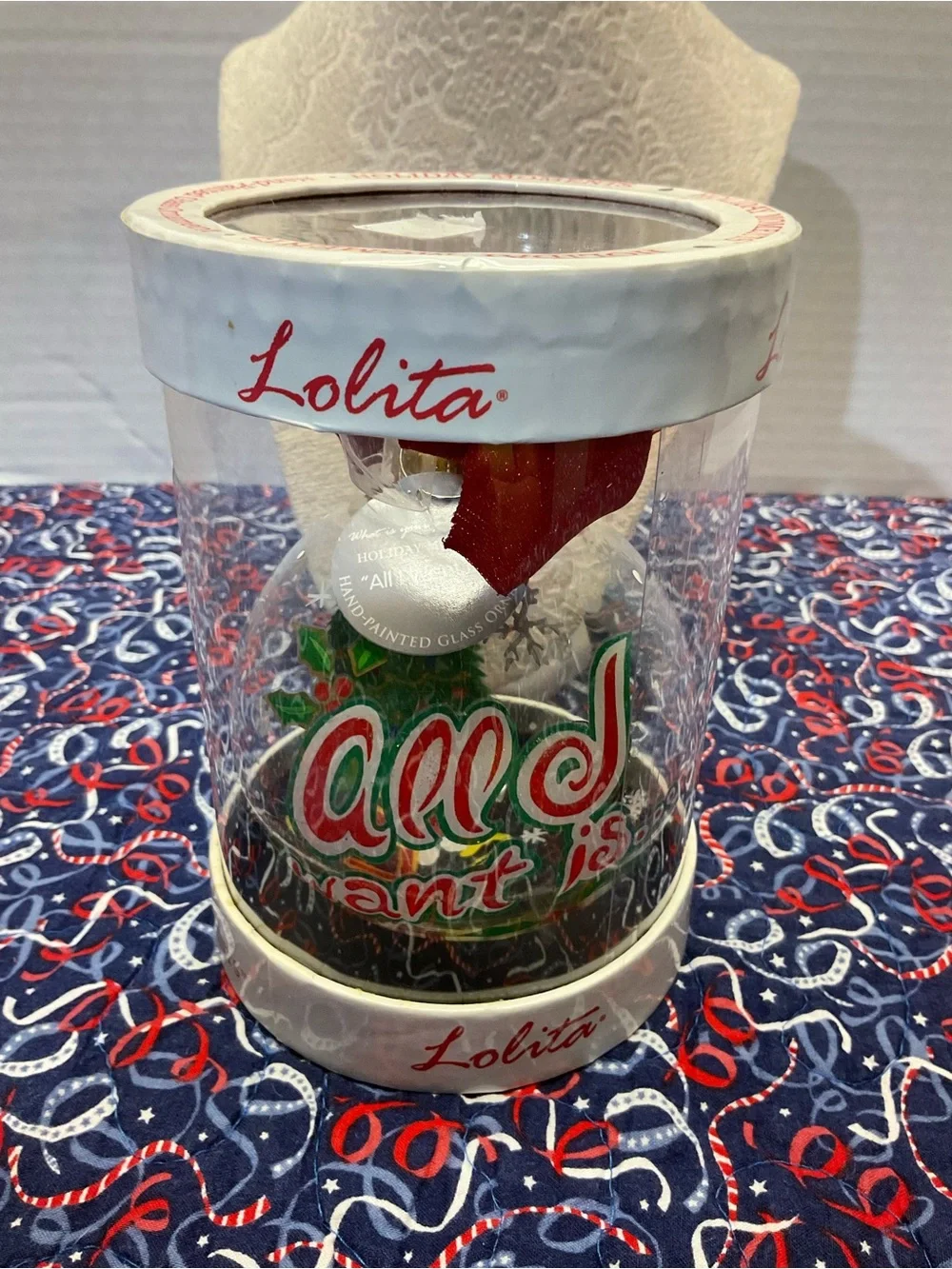 Lolita Red and Green Hand-Painted Holiday Ornament Dome all I want is …